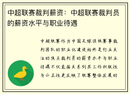 中超联赛裁判薪资：中超联赛裁判员的薪资水平与职业待遇