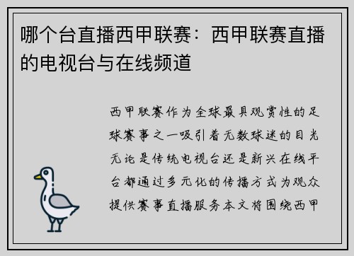 哪个台直播西甲联赛：西甲联赛直播的电视台与在线频道