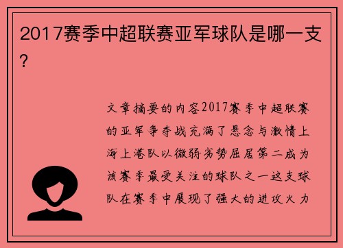 2017赛季中超联赛亚军球队是哪一支？