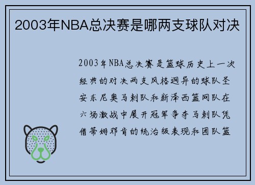 2003年NBA总决赛是哪两支球队对决